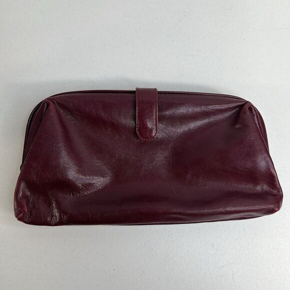 Sakowitz Saks Clutch Cranberry Marlot Burgundy Italian Leather Handbag Italy - Picture 2 of 16